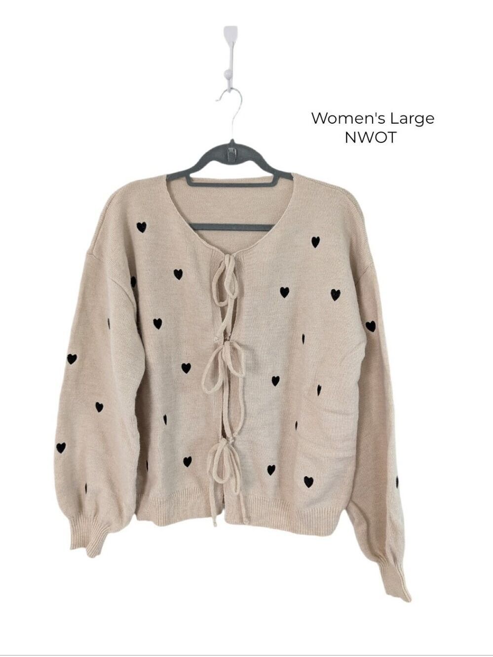 Women's Large Beige Tie-Front Heart Embroidered Sweater Cardigan‎